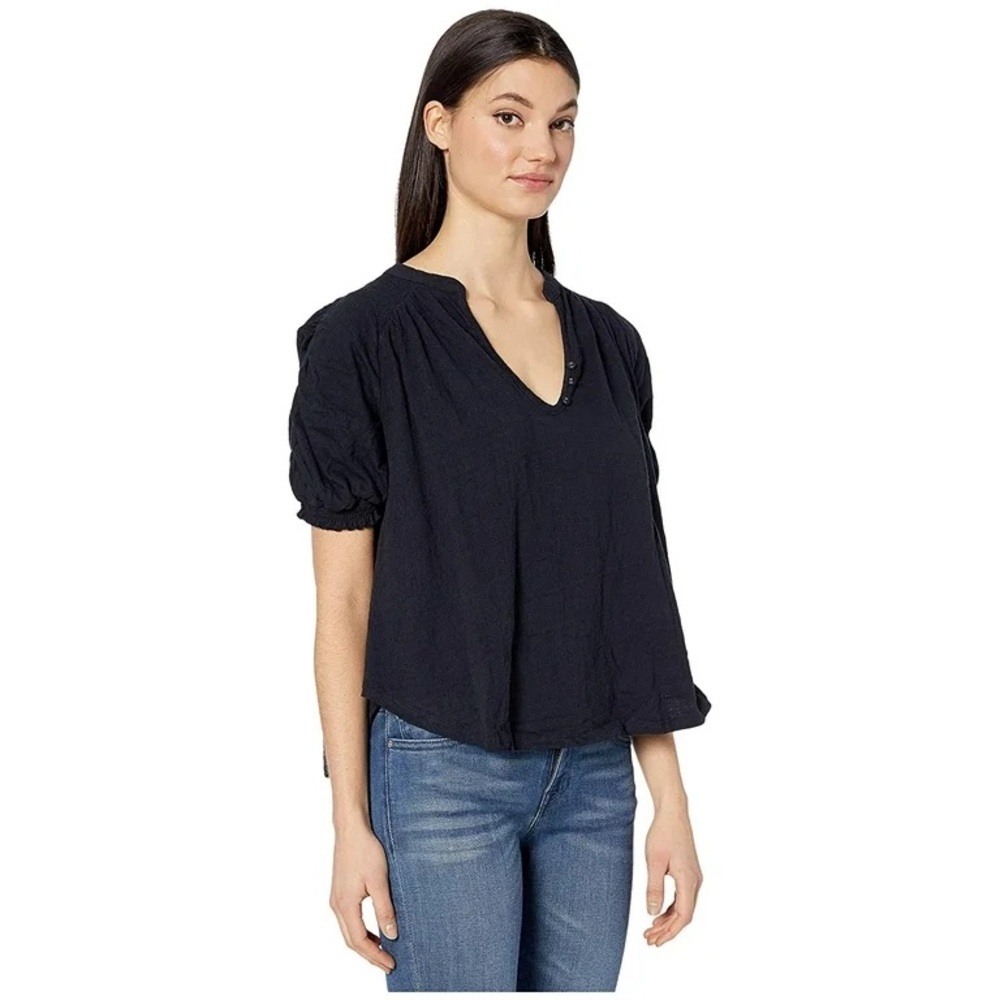 Free People Fever Dream Ruched Sleeve Top Size S Classic Basic Boho Cotton